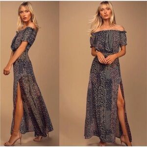 Neva Navy Blue Floral Print Off-the-shoulder Maxi Dresss. Size Small.